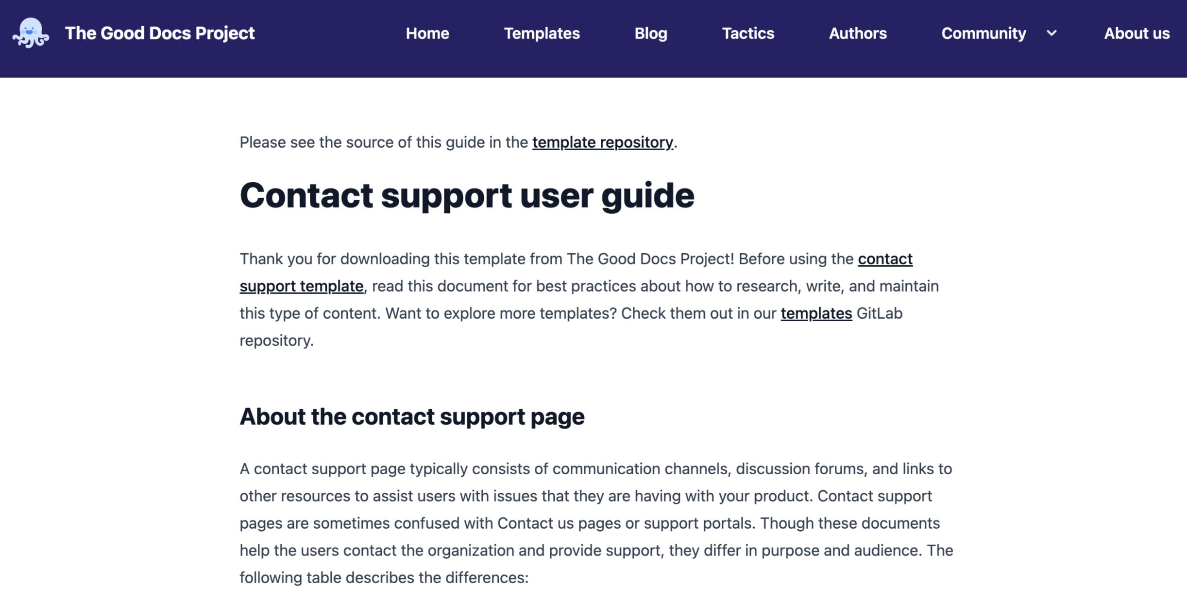 This is a Contact Support User Guide I created for the Good Docs Project